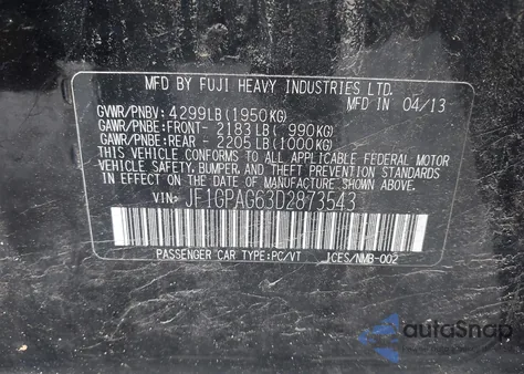 2013 Subaru Impreza 2.0I Limited из США, поврежденный, VIN JF1GPAG63D2873543